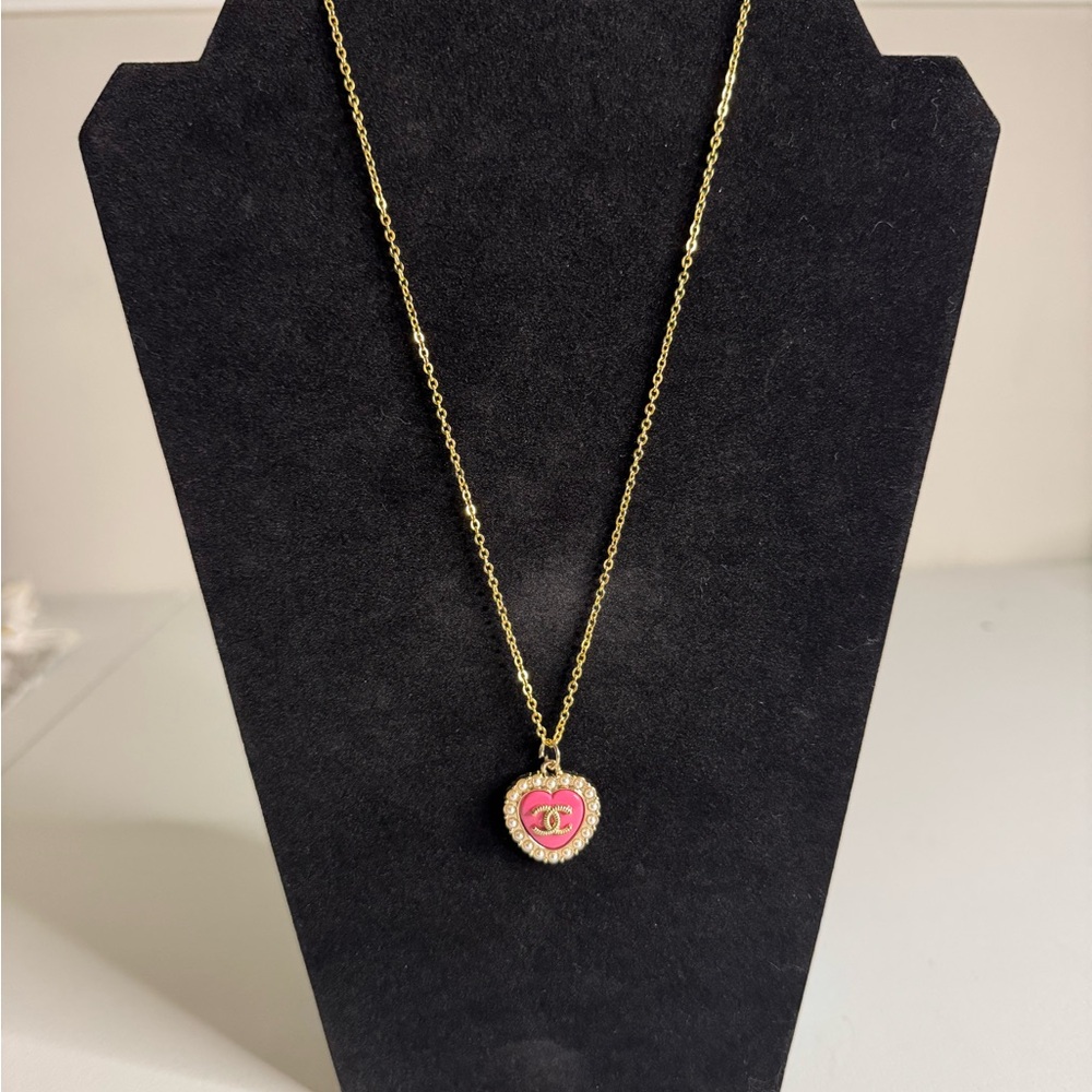 CHANEL Gold Necklace with Pink Heart Pendant